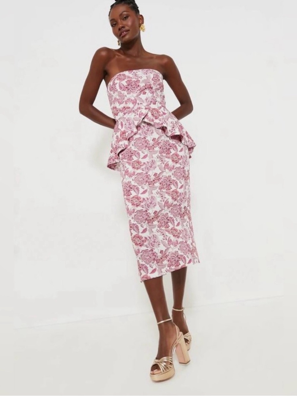 Strapless Pink Floral Peplum Midi Dress